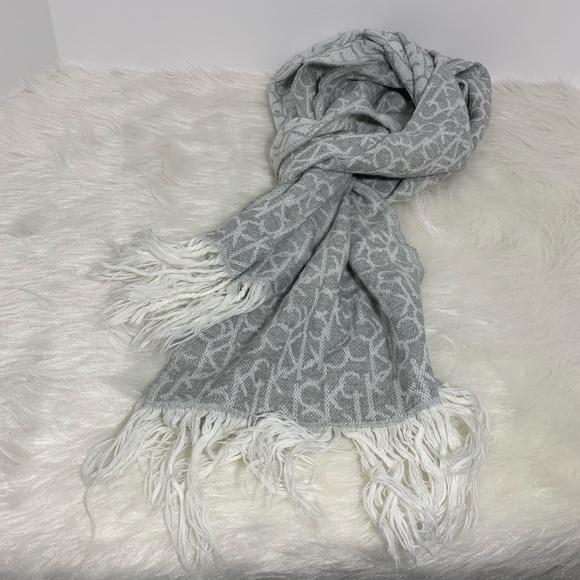 Calvin Klein Accessories - Calvin Klein Monogram CK Fringe Scarf Grey White